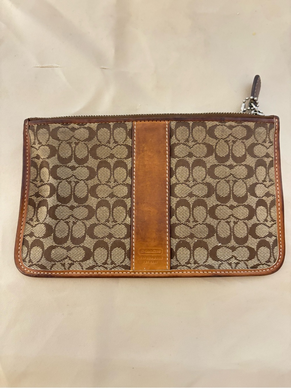 Coach Brown Signature Canvas Toiletry Pouch with Leather Trim
